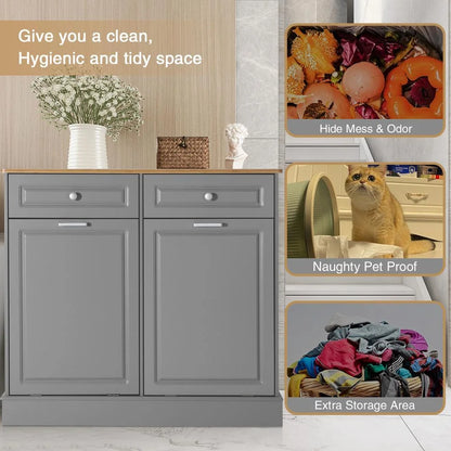 Eclife 20 Gallons Double Tilt Out Trash Cabinet Wood Tabletop, Upgrade Gray, WB010GY