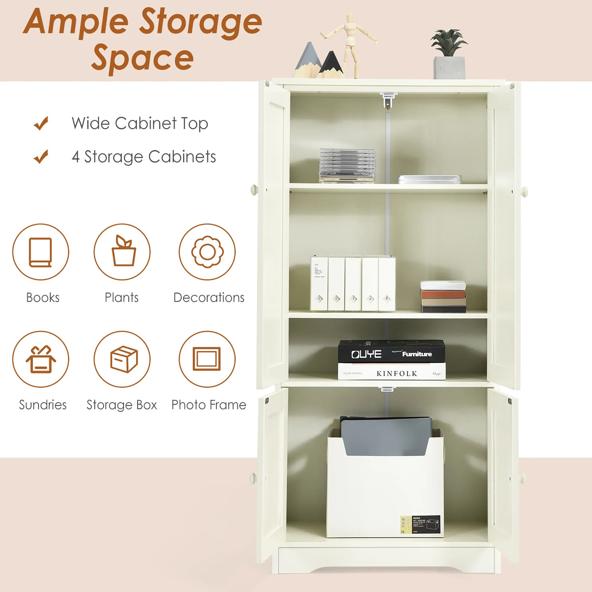 Costway Accent Floor Storage Cabinet W/ Adjustable Shelves Antique 2-Door Cream White