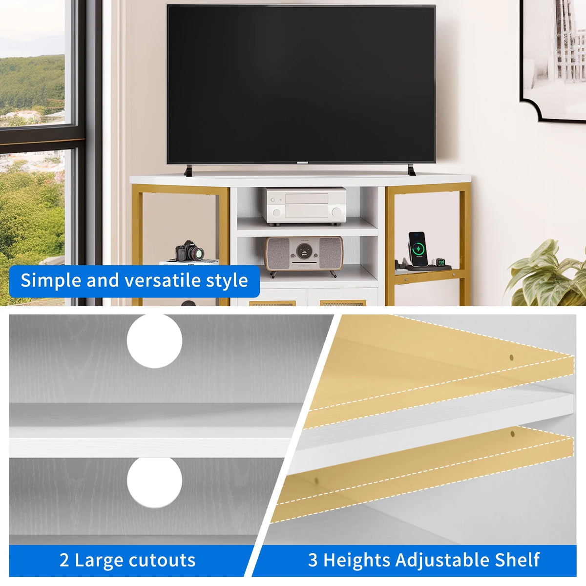 Dextrus Farmhouse Corner TV Stand for TVs up to 55 inch with Power Outlet, Wood Entertainment Center, TV Media Console with Storage, White Oak