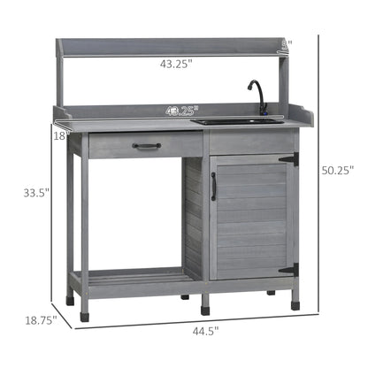 Outsunny Potting Bench Prep Table with Faucet, Sink, and Storage, Gray