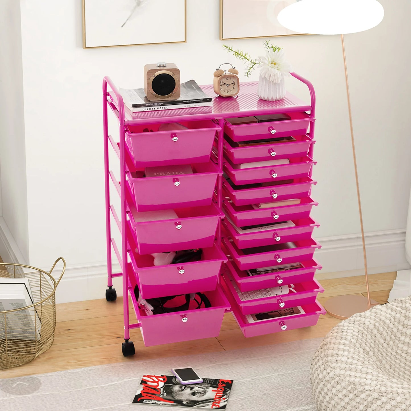 Costway 15 Drawer Rolling Storage Cart Tools Scrapbook Paper Office School Organizer White