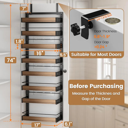 8 Tier Over The Door Pantry Organizer, 2 IN 1 Wall Mount or Hanging Spice Rack Seasoning Shelves with Adjustable Basket, Back of Door Organizer and Storage for Kitchen Cabinet and Room Closet