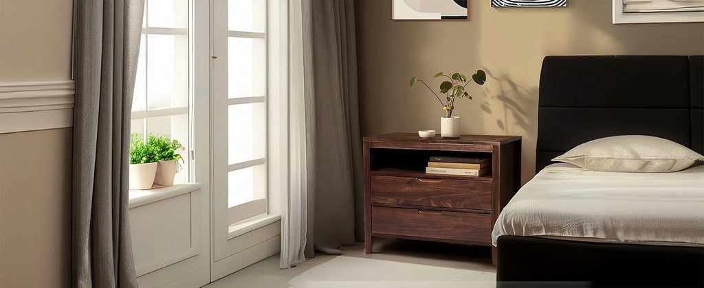 UBesGoo Nightstand 2 Drawer Dresser Side Table, Soild wood & MDF with Solid Wood Veneer, Brown