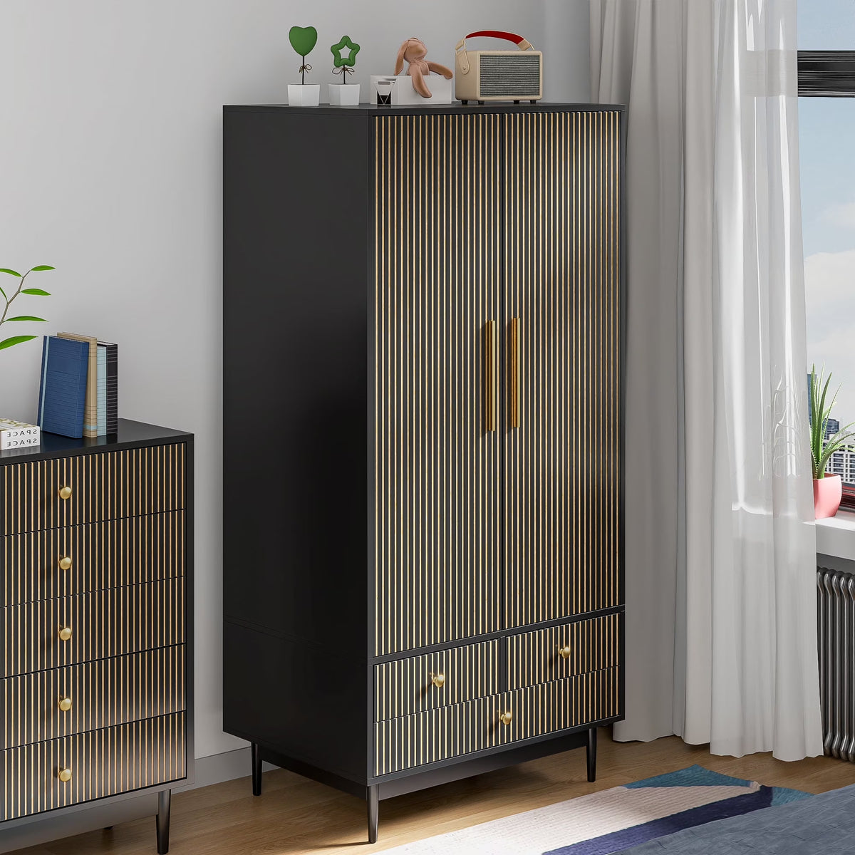 Oubayajia Wardrobe Armoire Closet, 2 Fluted Doors Wardrobe Cabinet with 3-Drawer and Hanging Rod, Wood Wardrobe Storage for Bedroom