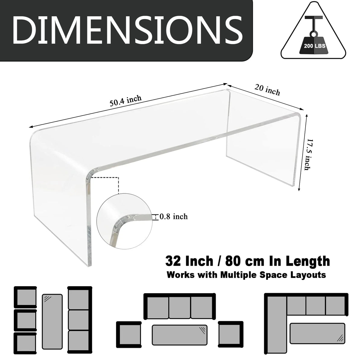 VDGPWA 32" Rectangle Waterfall Coffee Table, 0.6" Thick All Acrylic, Clear