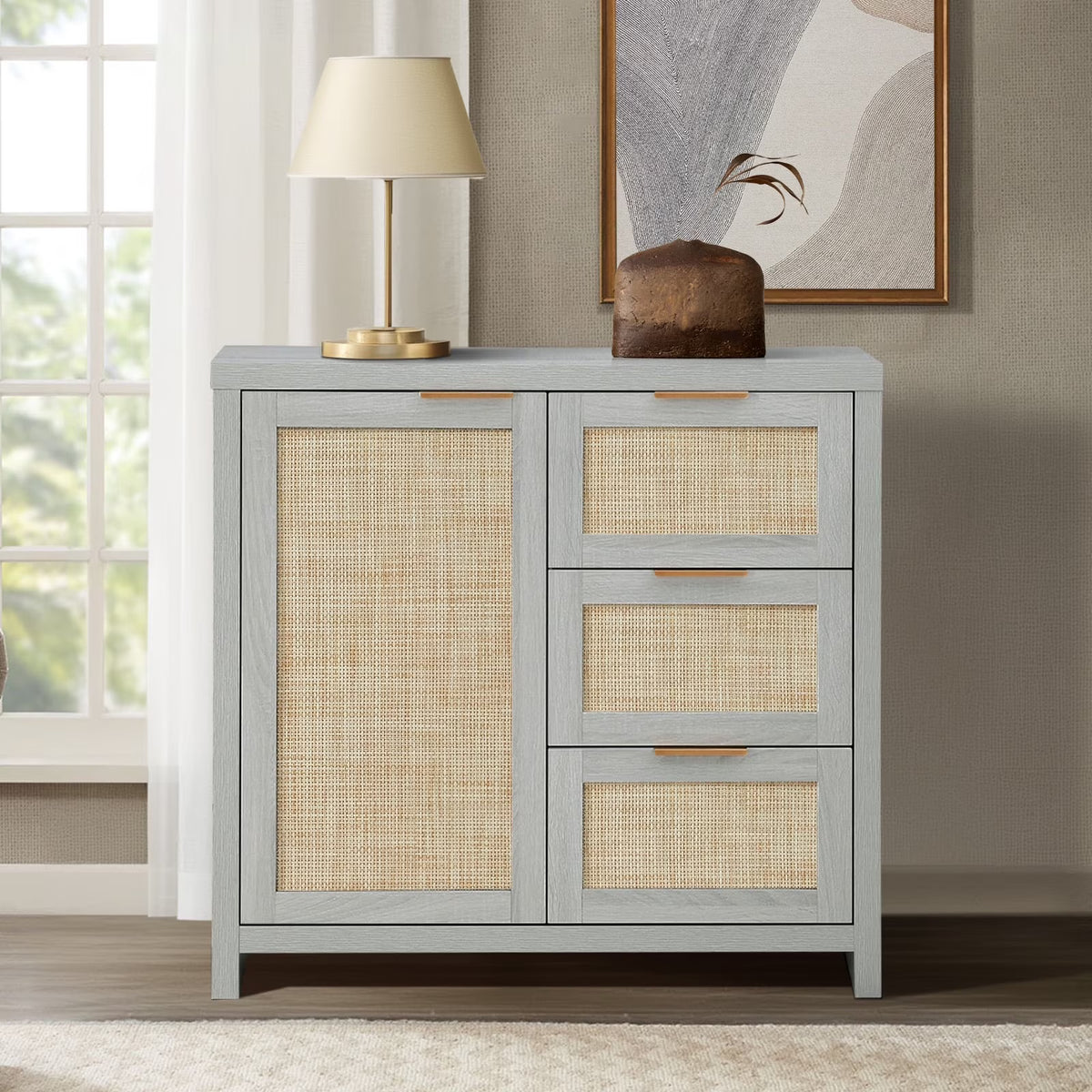 ARKANTOS Sideboards and Buffets, Boho Storage Cabinets with Rattan Doors and Drawers, Natural Oak