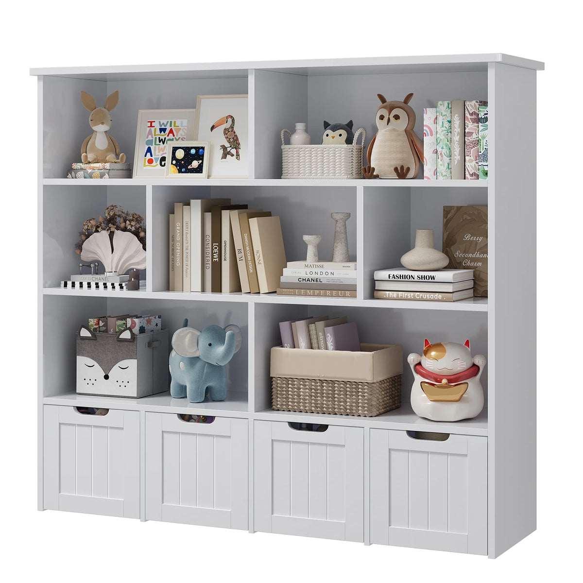 Homfa 7 Cube Toy Storage Organizer, Kids Geometric Bookcase and Bookshelf with 4 Drawers, White