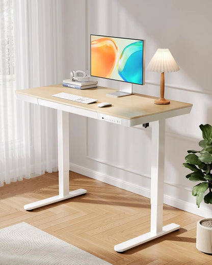 CHITOOMA Glass Top Electric Standing Desk with Drawer, 48'' x 24'' Electric Height Adjustable Desk with USB Charging Ports, Sit Stand up for Home Office