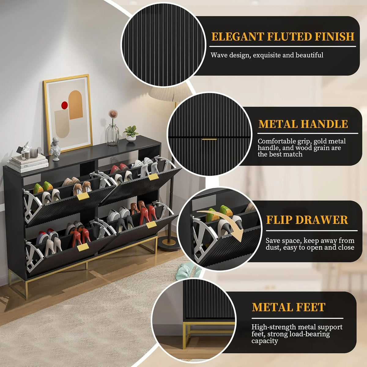 Oubayajia Modern Shoe Storage Cabinet, Wood Shoe Rack Organizer with 2 Flip Drawers, Freestanding Narrow Shoe Cabinet for Entryway Hallway, Natural