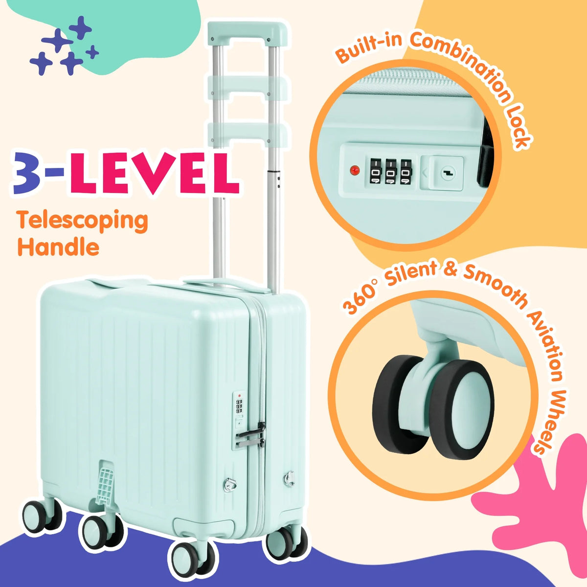 Advwin Ride-On Kids Luggage with Pull Strap, Footrests, Cup Holder, 6 Wheels & Adjustable Handle, 18-Inch Spinner Suitcase with Stickers & Boarding Pass, Pink