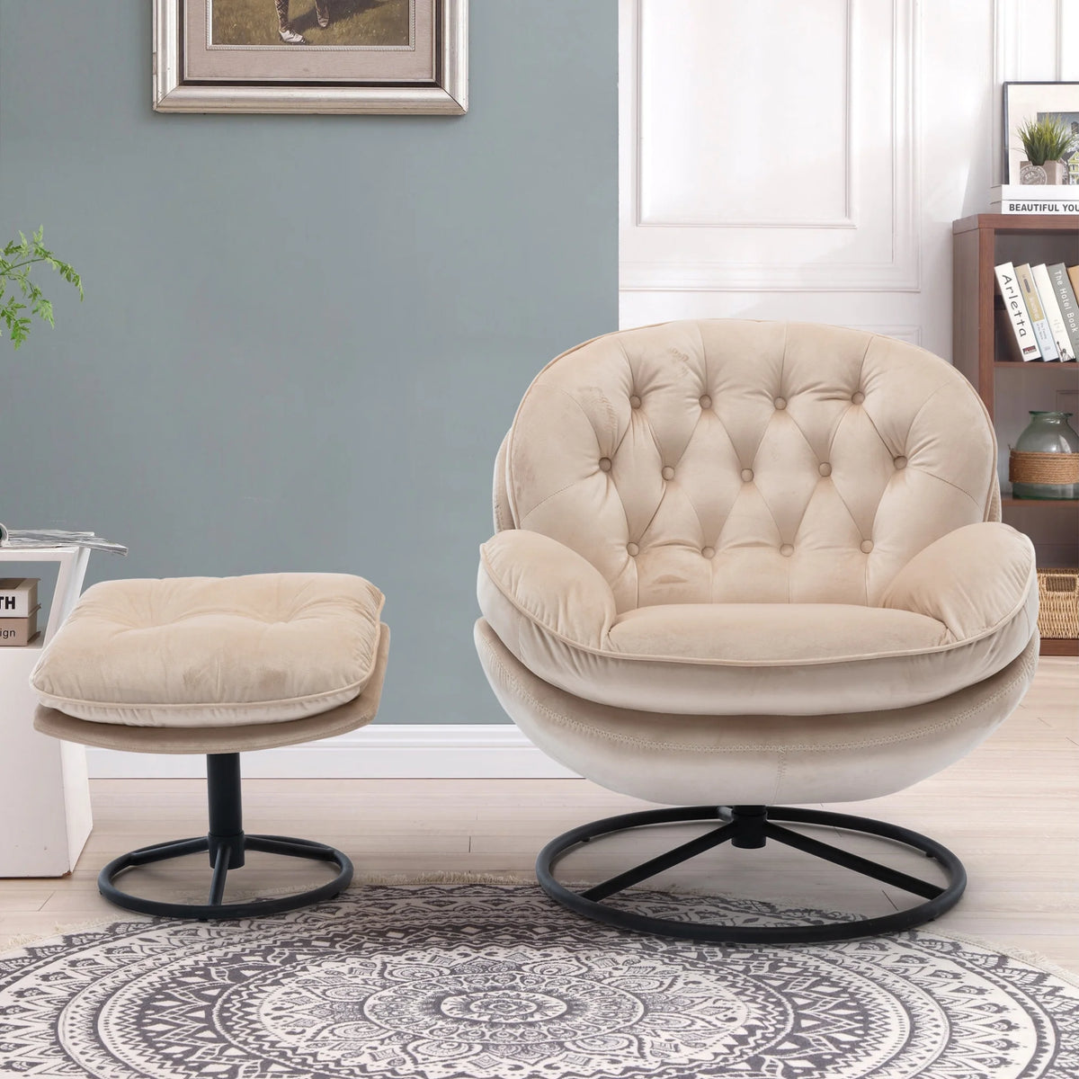 Velvet Swivel Accent Chair with Ottoman, Modern Chaise Lounge Chair with Metal Frame and Footstool, Comfy Armchair Reading Chair for Living Room Bedroom Office,Blue