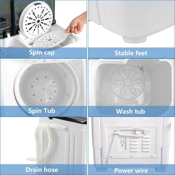20Lb Twin Tub Washing Machine w/ Built-In Pump - Semi-Automatic 1300RPM Compact Washer for Apartment, Dorm, RV, Camping, White/Black