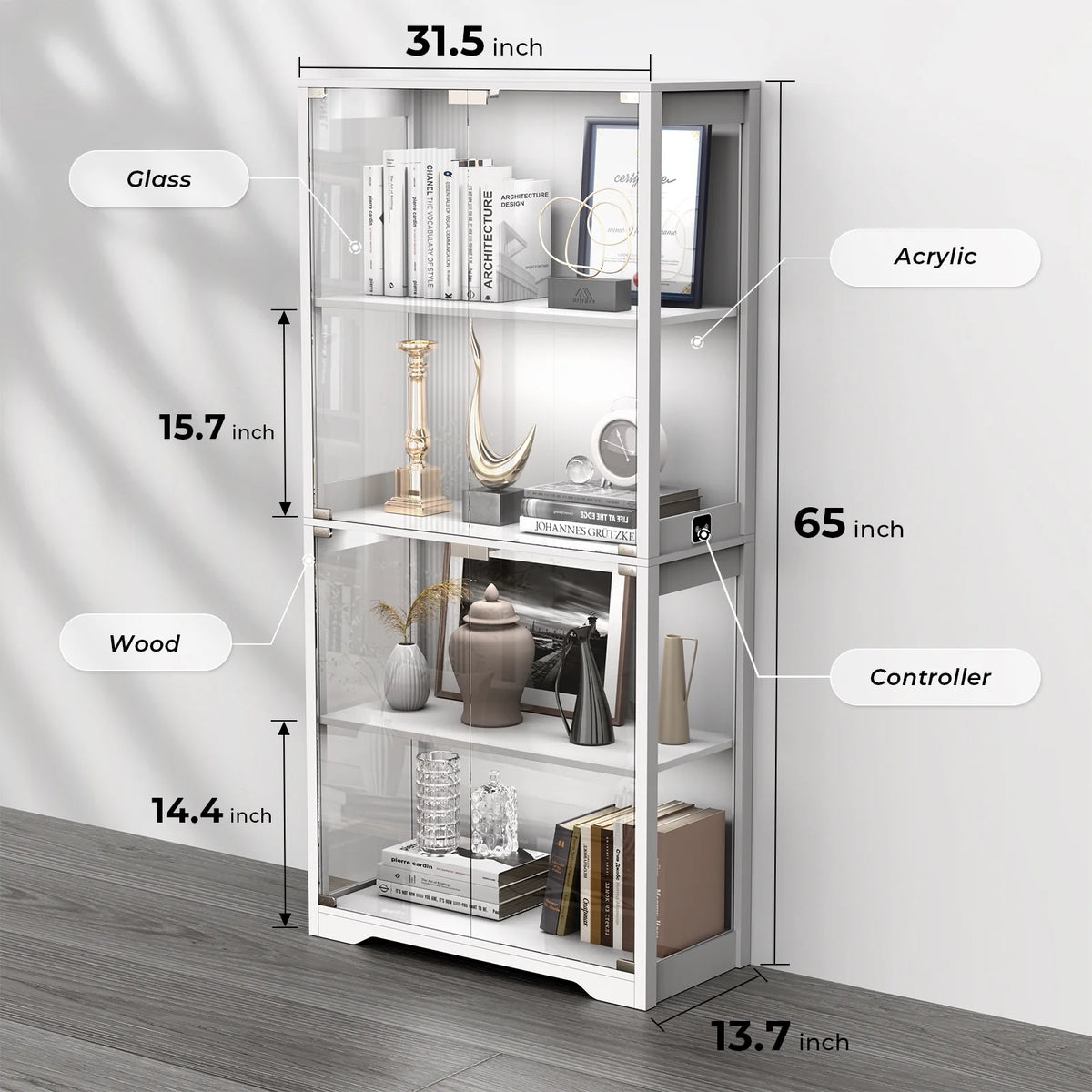 MIIFUNY Display Cabinet with Glass Doors 4 Tier Curio Cabinet & Bookshelf with LED, White