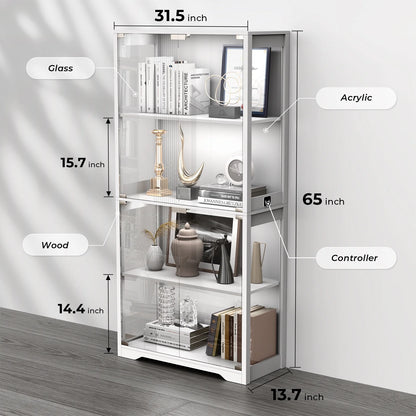MIIFUNY Display Cabinet with Glass Doors 4 Tier Curio Cabinet & Bookshelf with LED, White