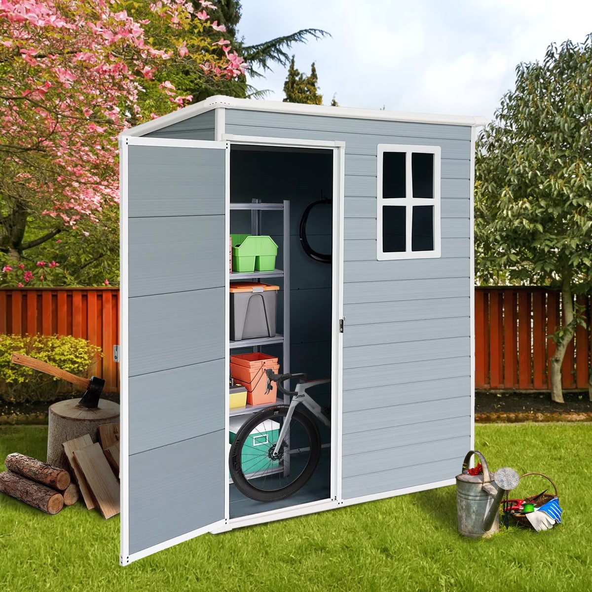 Seizeen Shed and Outdoor Storage, 41 Cu.Ft Small Outdoor Resin Shed with 3 Doors & Floor, 306GAL Deck Box Waterproof Plastic Tool Storage Shed for Cushion Lawn Mower Garbage Cans