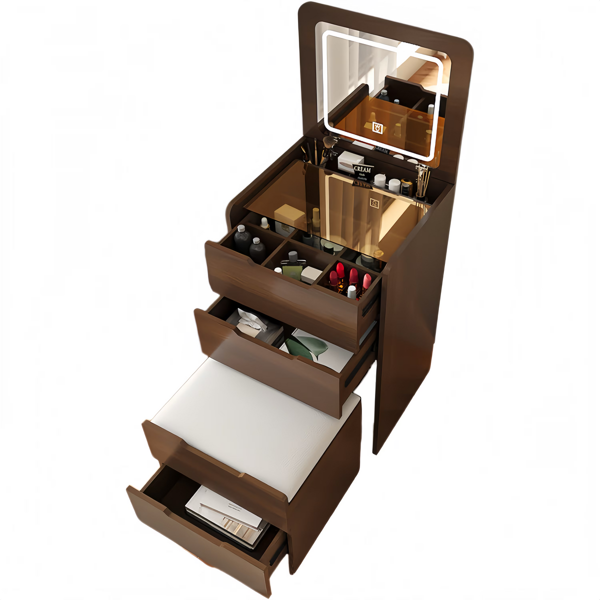 Miniyam Vanity Desk with Lighted Flip Mirror, Drawers & Stool, Makeup Table for Adults, Walnut
