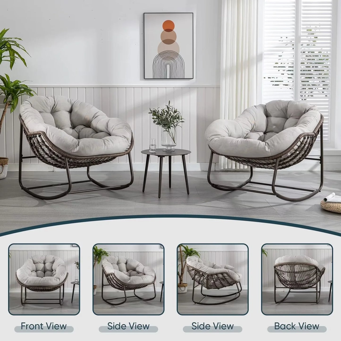 Outdoor Papasan Rocking Chair, Patio Oversized Wicker Egg Rocking Chair, Indoor & Outdoor Comfy Rocker Chair with Thick Cushion, Modern Lounge Chair for Front Porch, Garden, Backyard, Grey