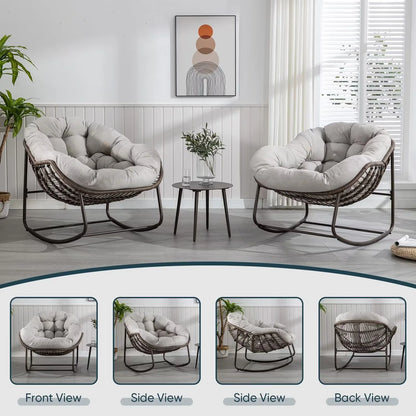 Outdoor Papasan Rocking Chair, Patio Oversized Wicker Egg Rocking Chair, Indoor & Outdoor Comfy Rocker Chair with Thick Cushion, Modern Lounge Chair for Front Porch, Garden, Backyard, Grey