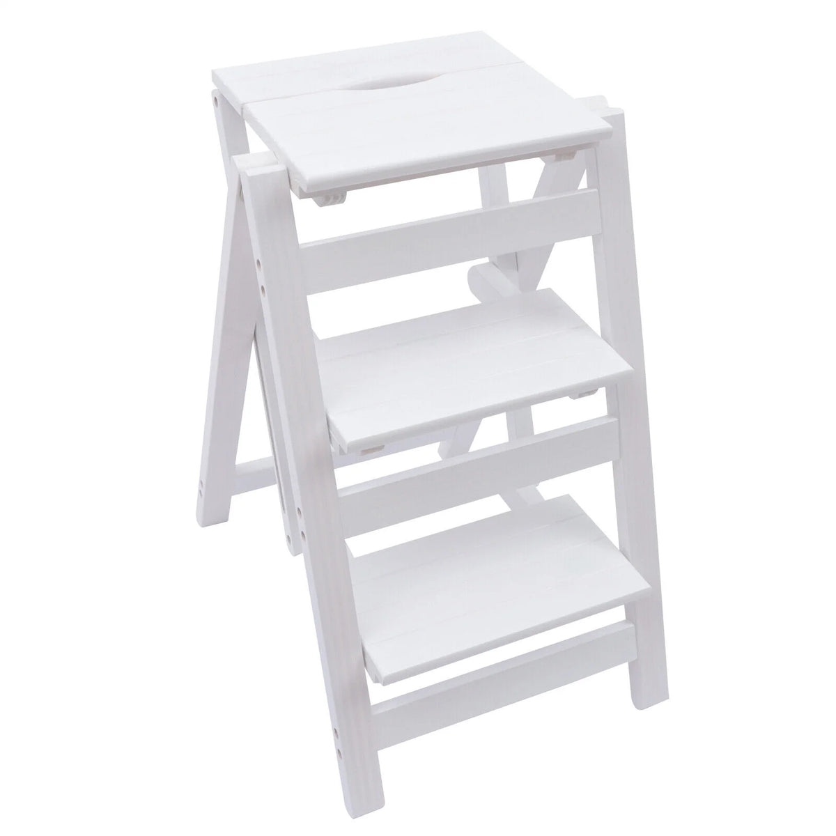 White 3-Tier Step Stool Solid Wood Folding Ladder Anti-Slip Step Stool