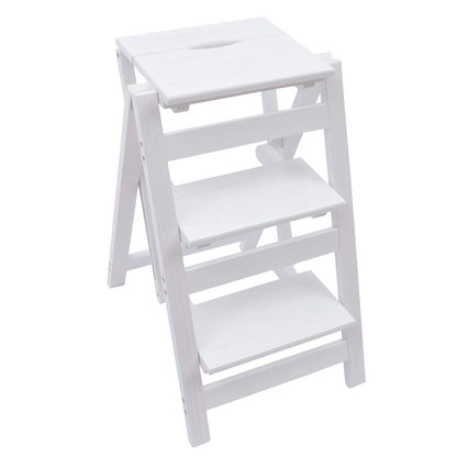 White 3-Tier Step Stool Solid Wood Folding Ladder Anti-Slip Step Stool