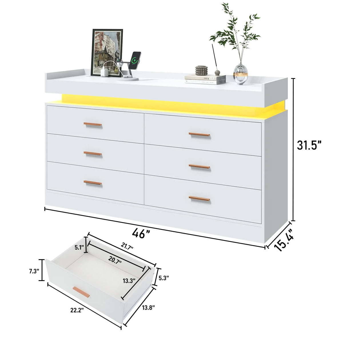 ANPOO 9 Drawer Dresser with LED Lights and Charging Station, Modern Double Wide Chest of Drawers with Power Outlet for Bedroom, Living Room