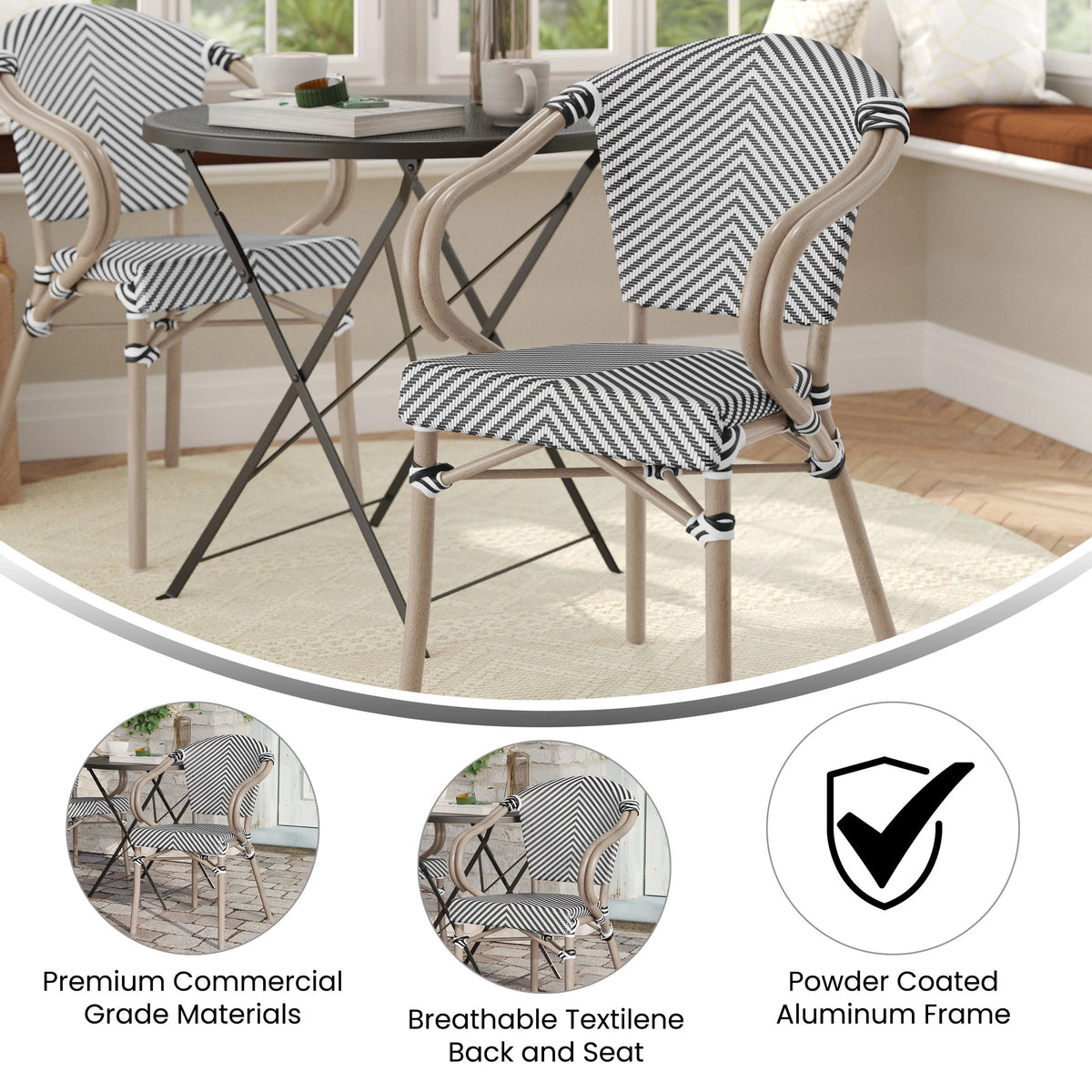 Flash Furniture Marseille Indoor/Outdoor French Bistro Stacking Chair with Arms Black/Natural