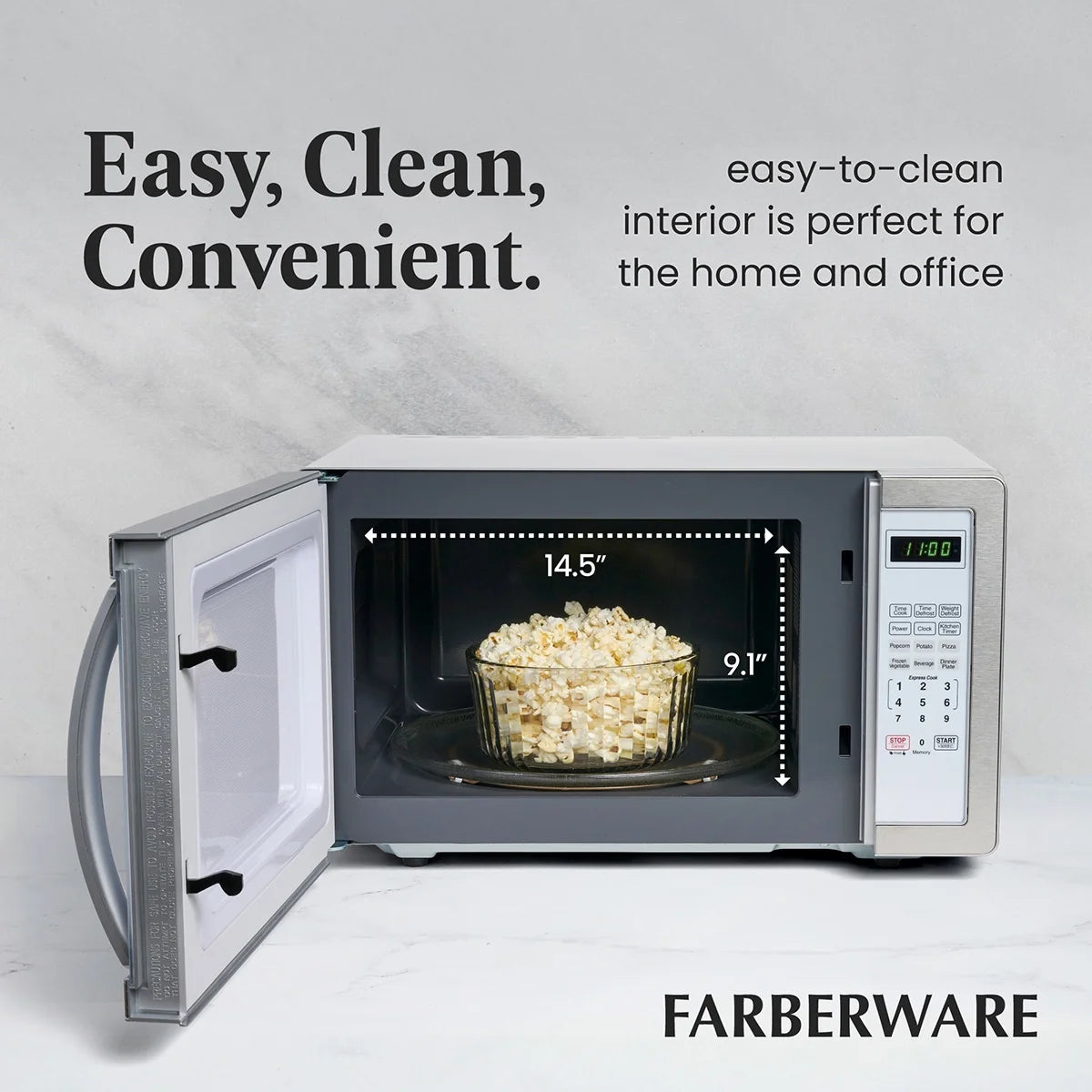 Farberware Stainless Steel Countertop Microwave Oven with Child Lock, 1.1 Cu Ft Black Stainless