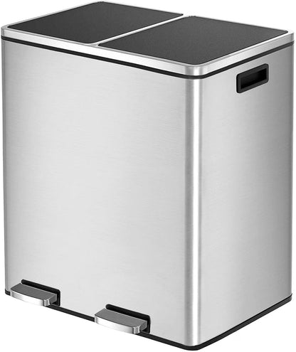 LAZY BUDDY Dual Garbage Can, Stainless Steel 16 Gallon Step Kitchen Trash Can with Soft-Close Lid, Double Compartment Garbage Recycling Bin