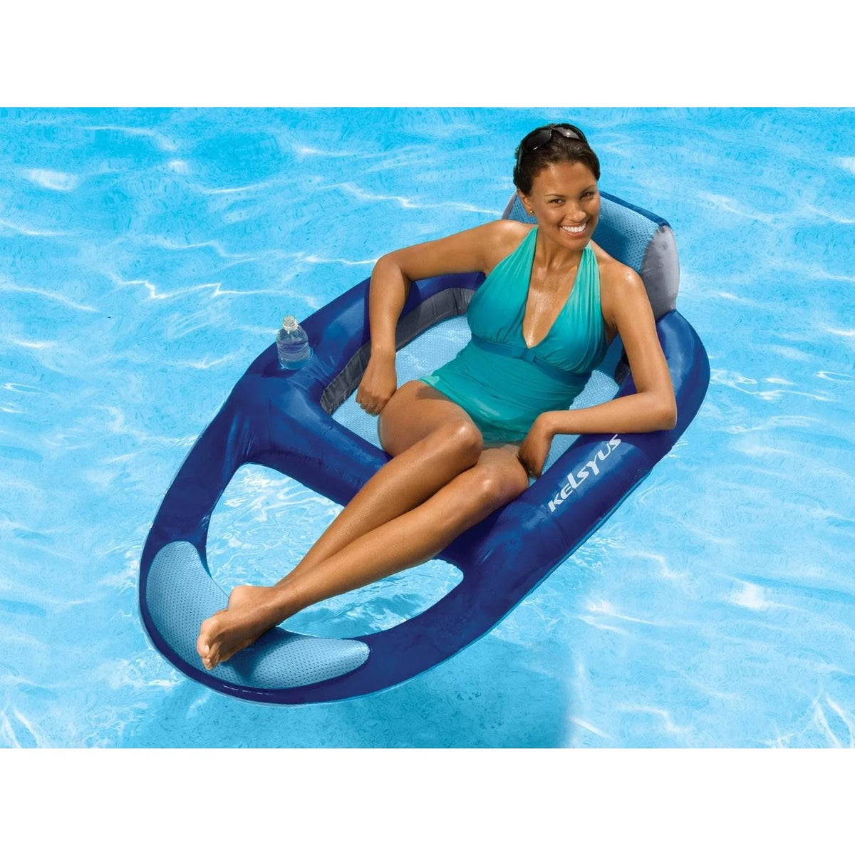 Kelsyus Floating Pool Lounger Inflatable Chair w/ Cup Holder Blue (2 Pack) 80014