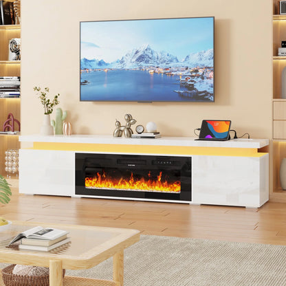 LED TV Stand for up to 85" TVs with Power Outlet, 75" Large Entertainment Center Console Table Gaming Soundbar Shelf with 2 Storage Cabinets