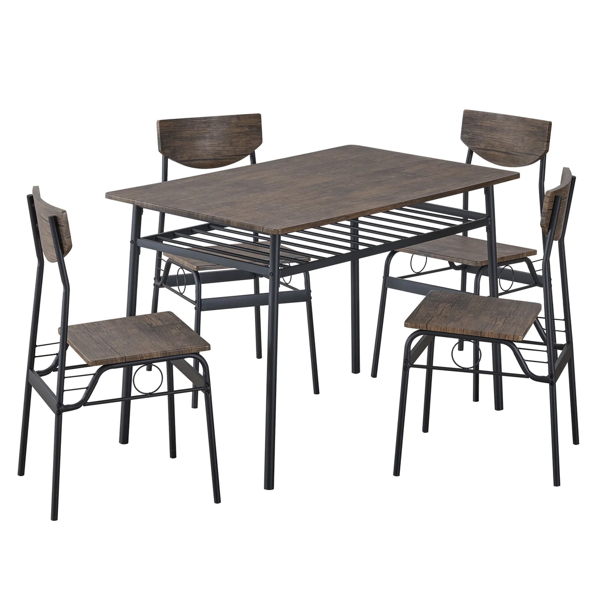 6-Piece Dining Table and Chair Set, Includes 1 Table, 1 Bench and 4 Chairs, Rectangular Kitchen Table and Armless Chairs, Compact Chairs with Curved Backrest for Dining Room