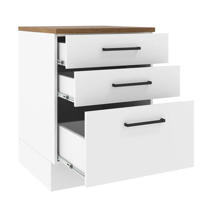 Madesa Hazel Kitchen Storage Base Cabinet with 3 Drawers 23 Inch Wide Engineered Wood Painted Finish Floor Mount Removable Plinth - White