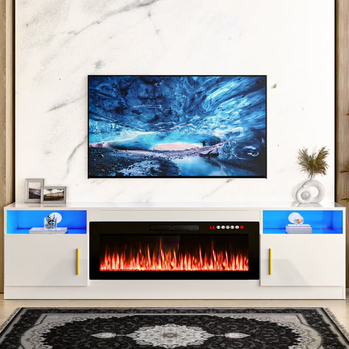 Waleaf Fireplace TV Stand with 36" Electric Fireplace Up to 80" TVs, Modern Wood Media TV Console with Highlight Cabinet, White