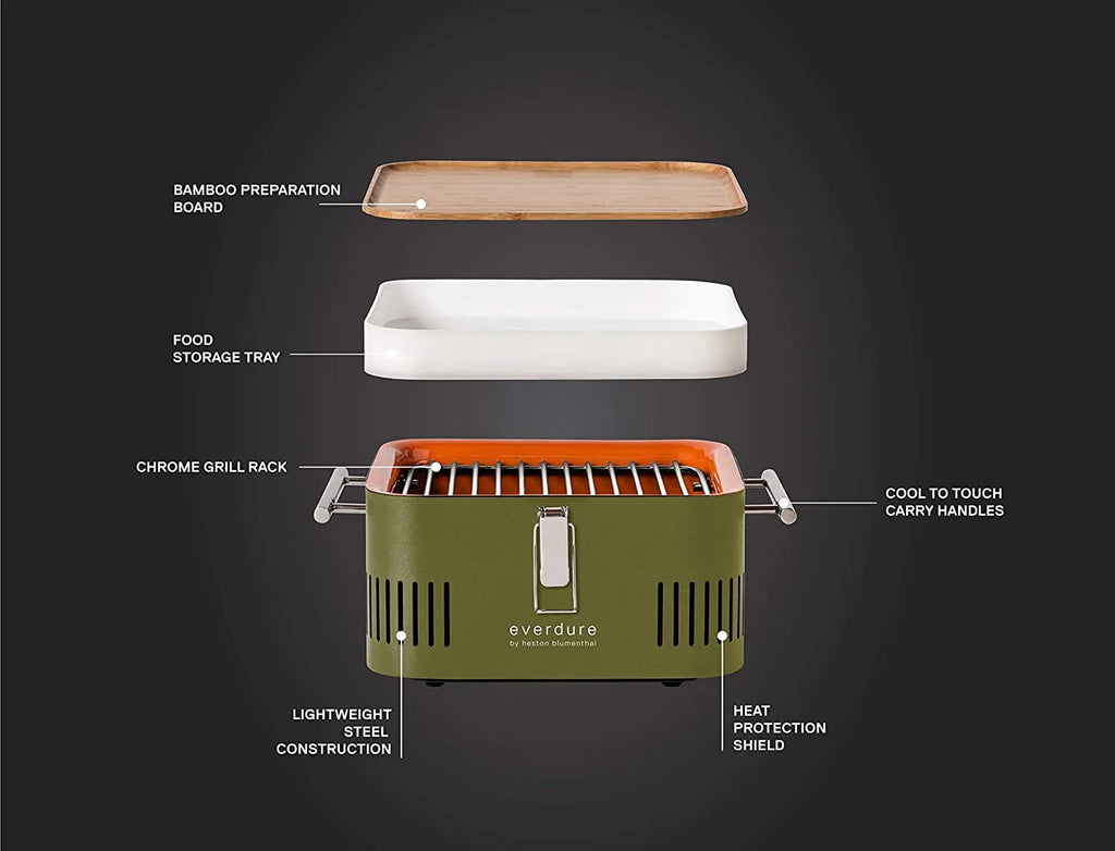 Everdure Cube Charcoal Grill with Cool Touch Handles, Storage Container & Bamboo Serving Board