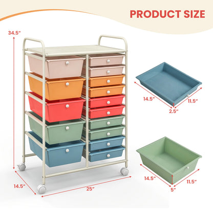 Costway 15 Drawer Rolling Storage Cart Tools Scrapbook Paper Office School Organizer White