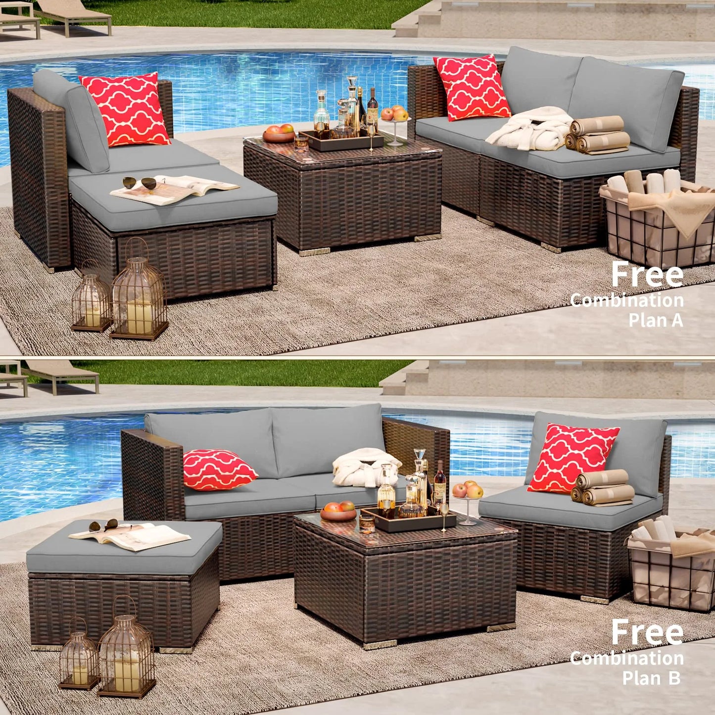 Patio Furniture Set Clearance, Lofka 5 Pieces Patio Conversation Set with Sofas and Tempered Glass Coffee Table for Outdoor Garden Gray