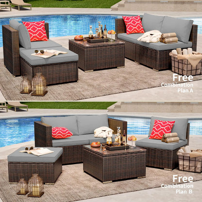 Patio Furniture Set Clearance, Lofka 5 Pieces Patio Conversation Set with Sofas and Tempered Glass Coffee Table for Outdoor Garden Gray