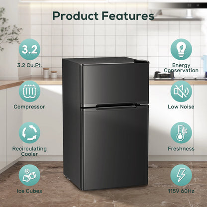 Auseo 3.1 Cu.Ft Double Door Mini Fridge with Freezer, Compact Retro Refrigerator for Dorm, Office, Bar, Bedroom, Black