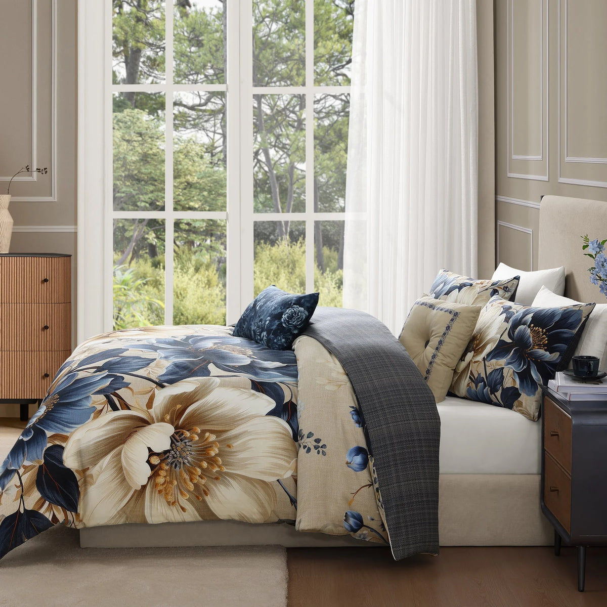 Bebejan English Manor 5 Piece Comforter Set, Queen, Blue, 220 Thread Count, 100% Cotton Sateen, Reversible