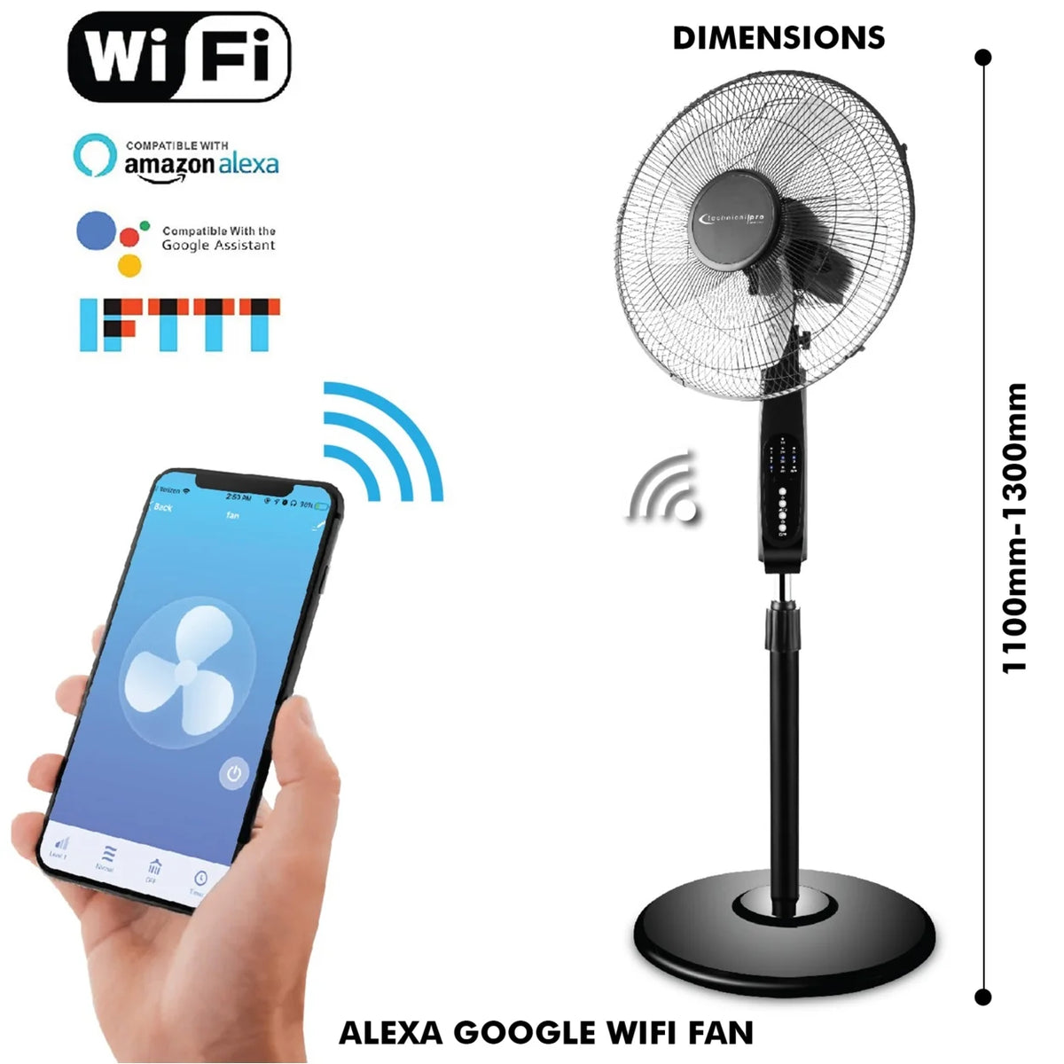 Technical Pro Smart WiFi 16 Inch Oscillating Pedestal Fan 3 Speed Black
