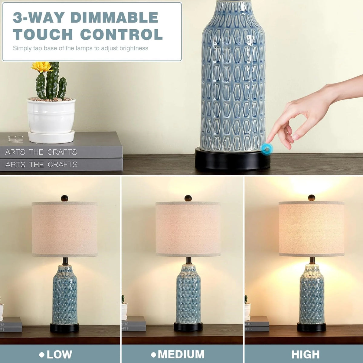 Cinkeda Table Lamp Set of 2 for Living Room Bedroom with USB Ports AC Outlet 3 Way Dimmable Touch Nightlight Farmhouse White Floral Nightstand Bedside Lamps
