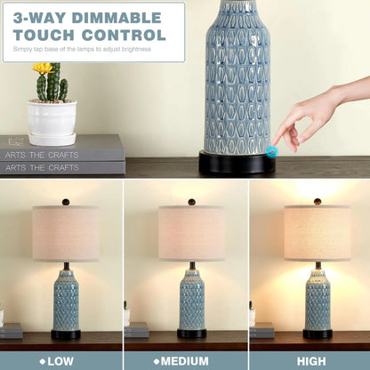 Cinkeda Table Lamp Set of 2 for Living Room Bedroom with USB Ports AC Outlet 3 Way Dimmable Touch Nightlight Farmhouse White Floral Nightstand Bedside Lamps