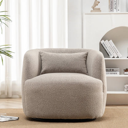 34" Wide Boucle Swivel Barrel Chair, No Assembly Round Upholstered Armchair Accent Chair Single Sofa Chair with Toss Pillow for Living Room and Bedroom, Taupe
