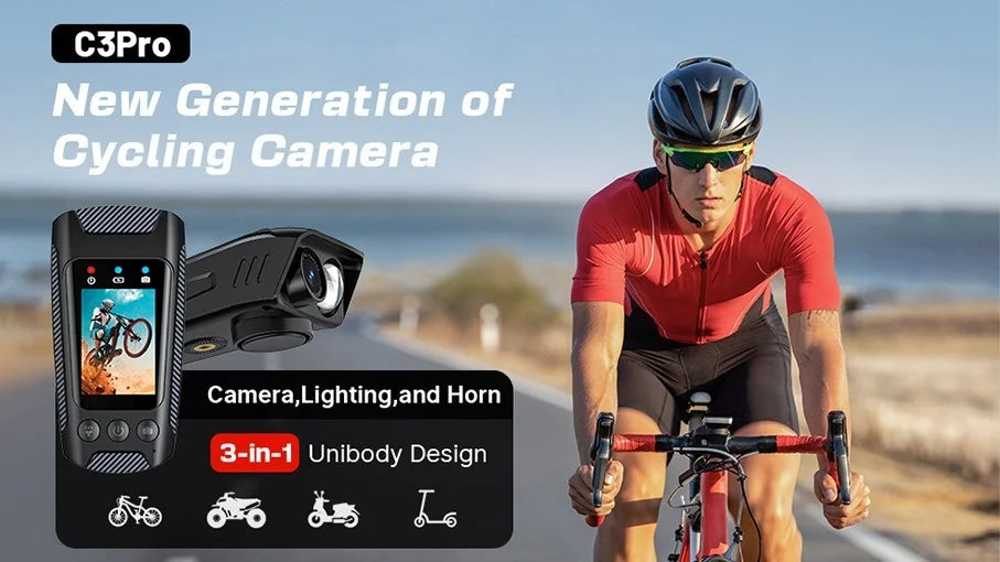4K Motorcycle Camera with Light and Horn, Cycling Dash Cam with 6-Axis Stabilization, Night Vision, Waterproof, 128G Support