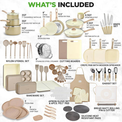 54-Piece Kitchen Cookware Set �C Complete Non-Stick Ceramic Pots and Pans Set with Utensils, Bakeware, and Knife Set, Gas, Electric & Induction Compatible, Blush Pink Kitchen Essentials