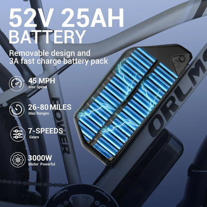 3000W Peak Dual Motor E-Bike, 52V 25AH Battery Elec-tric Bike for Adults, 35MPH Mountain AWD 7-Speed Snow E-Bike with 24" x 4.0 Fat Tire for Mountain Snow Hunting Commuting