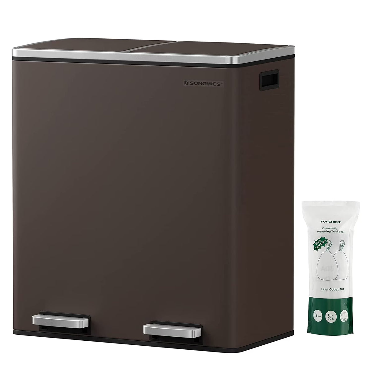 16 Gallon Dual Trash Can, Rubbish Bin and 15 Trash Bags, Metal, Almond Color