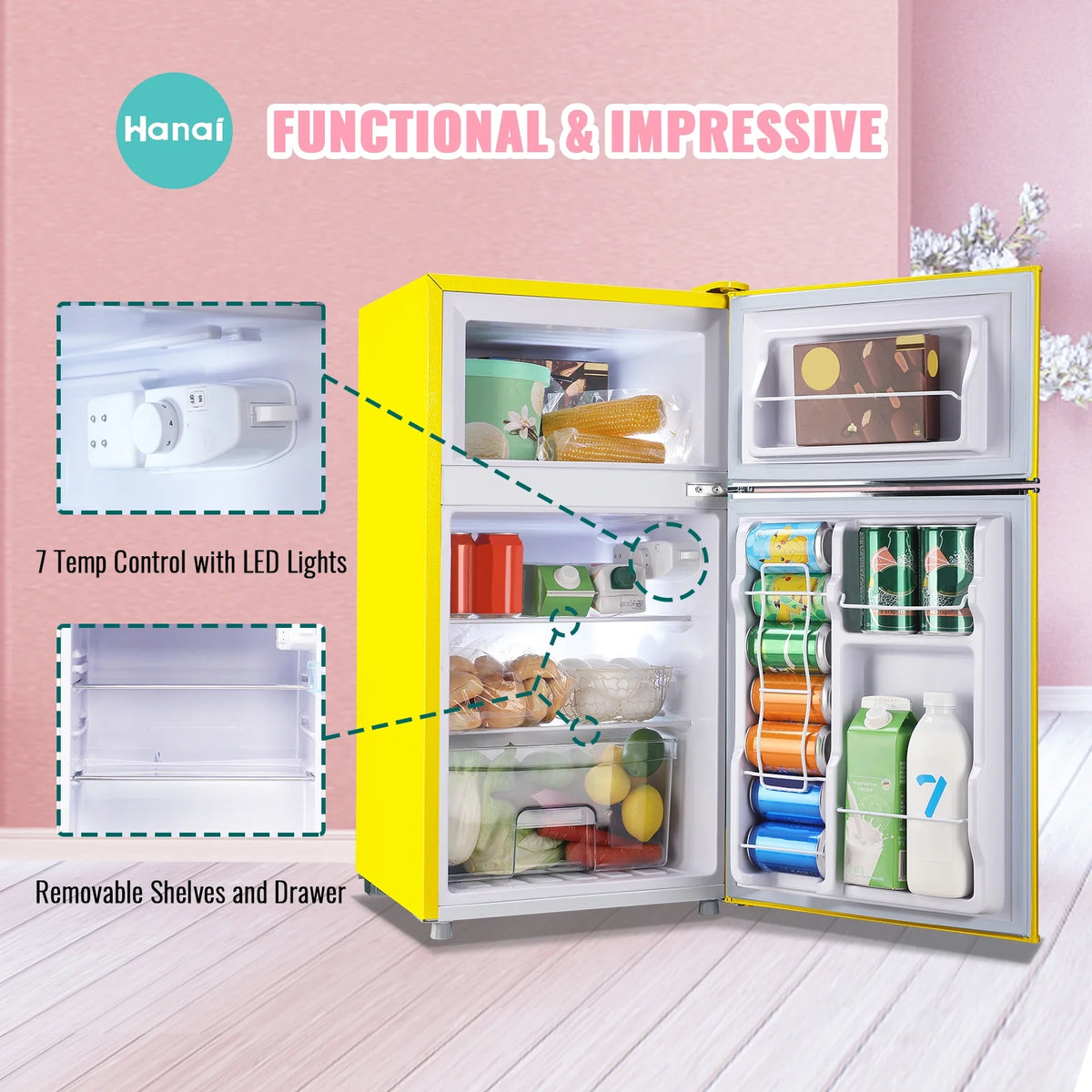 3.5 Cu.ft Compact Refrigerator WANAI Dual Doors Handles Mini Fridge with Top Freezer Blue New