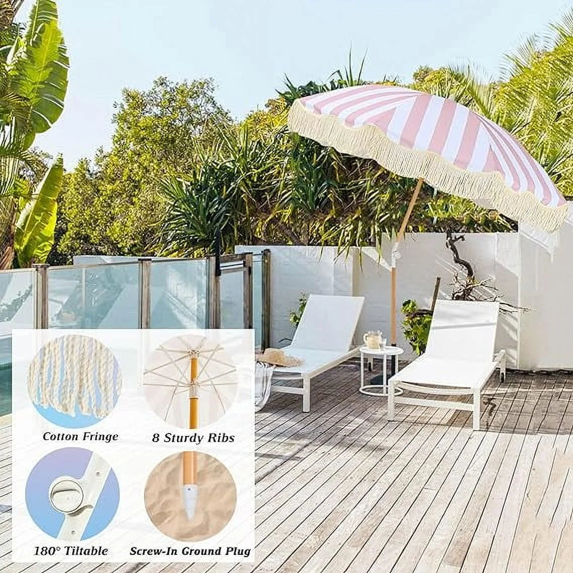 Pink and White Stripped Hexagon Patio Umbrella