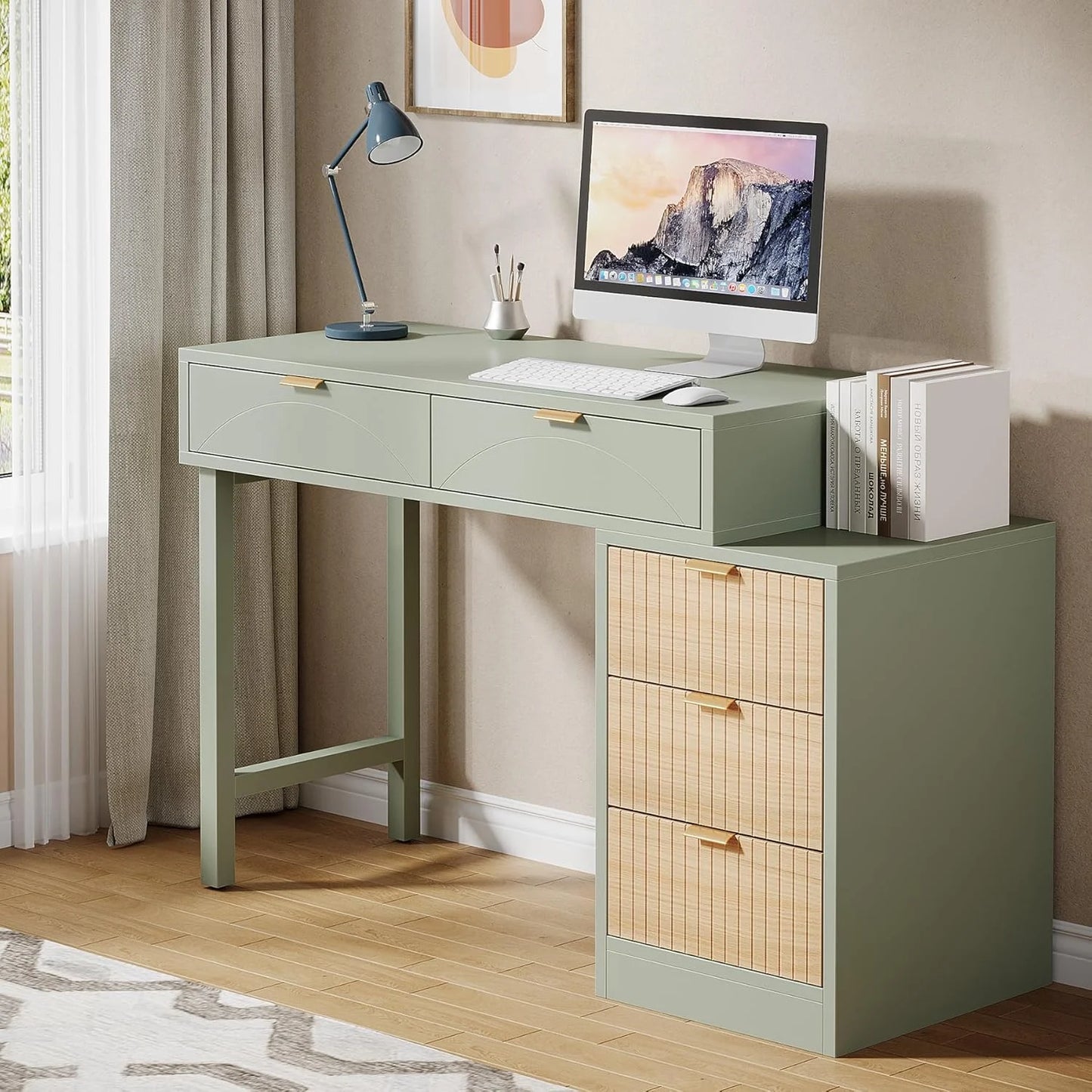 Tribesigns 39" Reversible Computer Desk with 5 Drawers, Wood Writing Desk for Home Office, Green